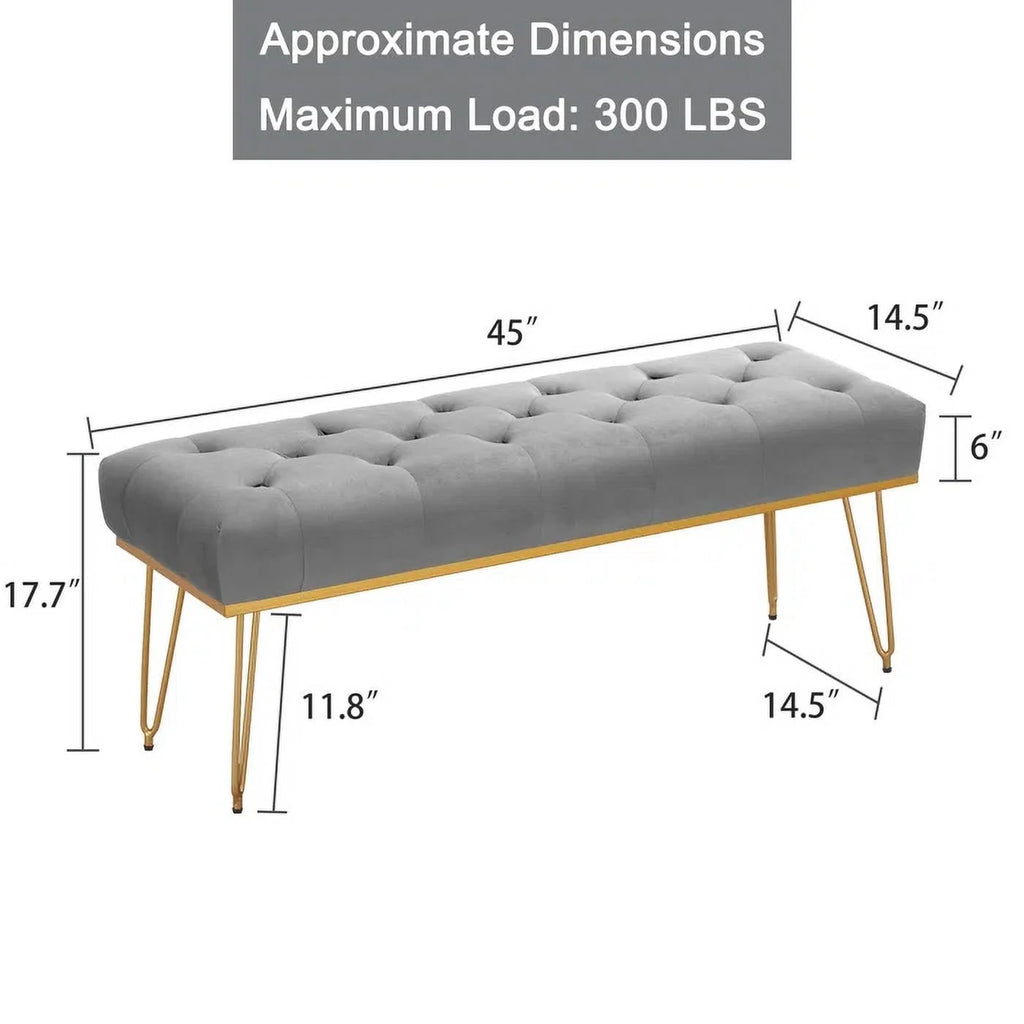 Gray and Golden Velvet Ottoman with Metal Base X68989