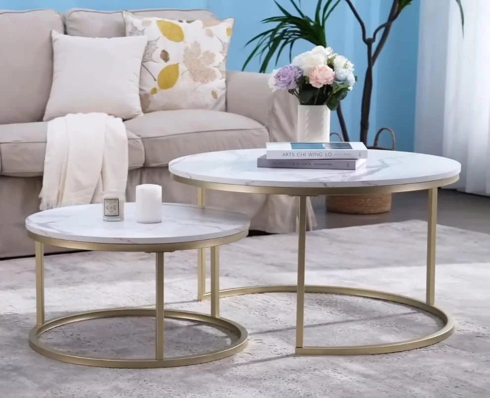 Round Nesting Coffee Tables Set of 2 Marble Black Metal A781399