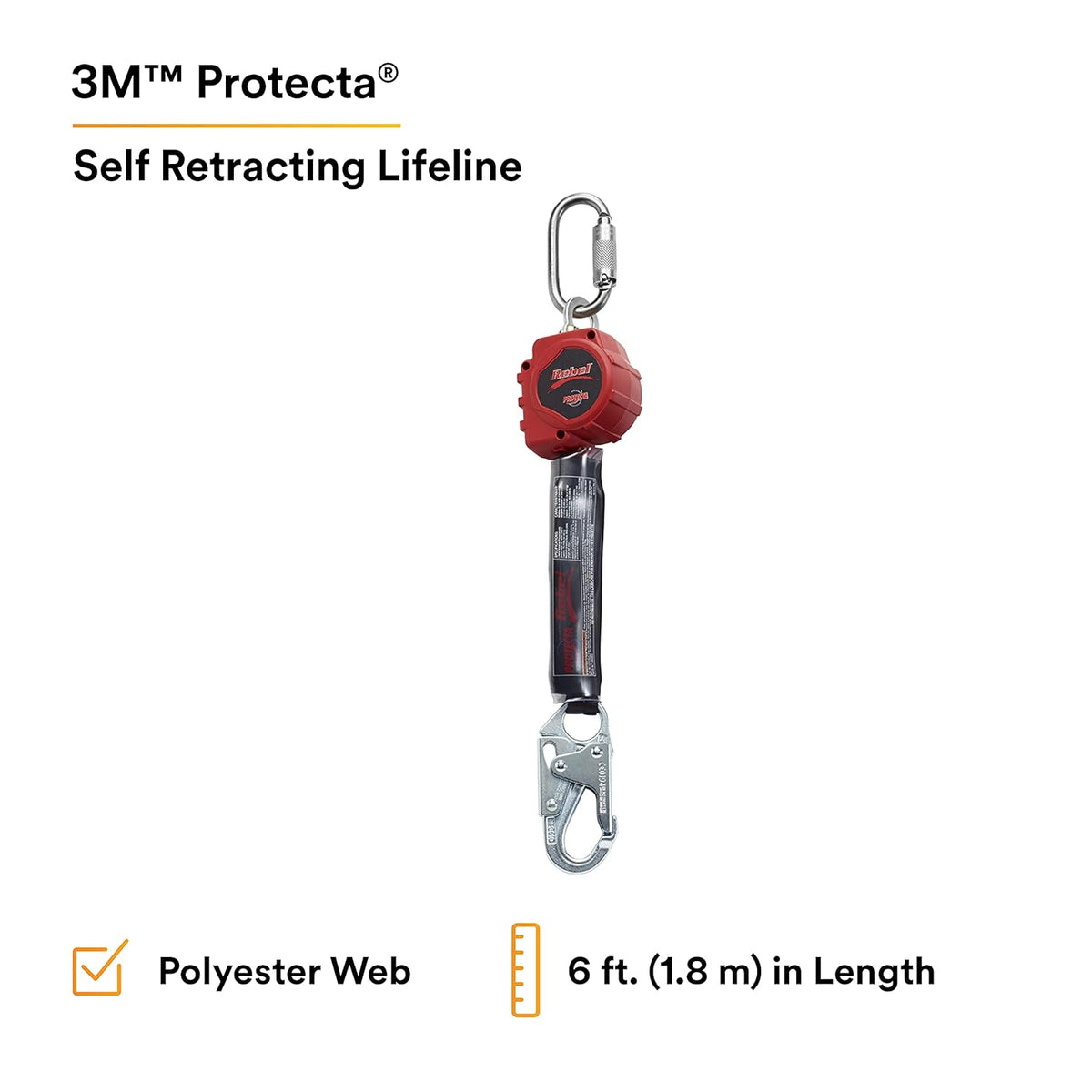Self Retracting Lifeline Web, Steel Snap Hook and Carabiner, Black/Red M91048