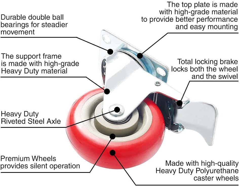 8 Pack 4 Caster Wheels Swivel 360 Degree with Brake Red Polyurethane G4109