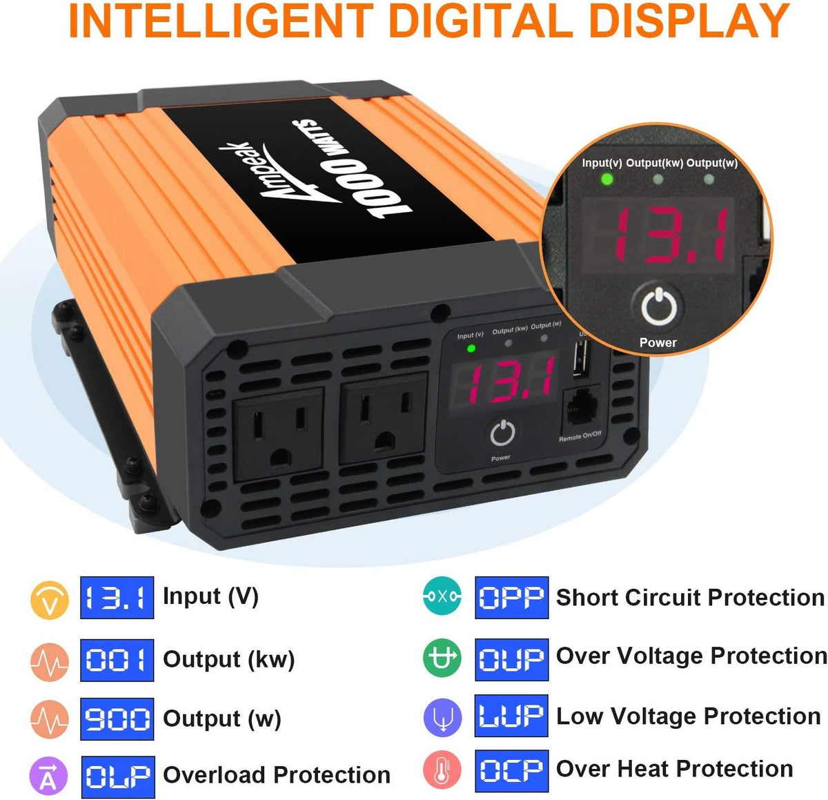 2000W Power Inverter 12V to 110V Digital LCD Display 3AC Outlets 2.1A USB L552266