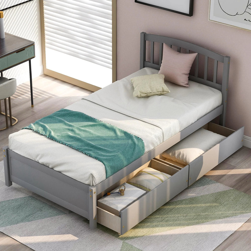 Twin Size Wood Platform Bed with Storage and 2 Drawers K9650