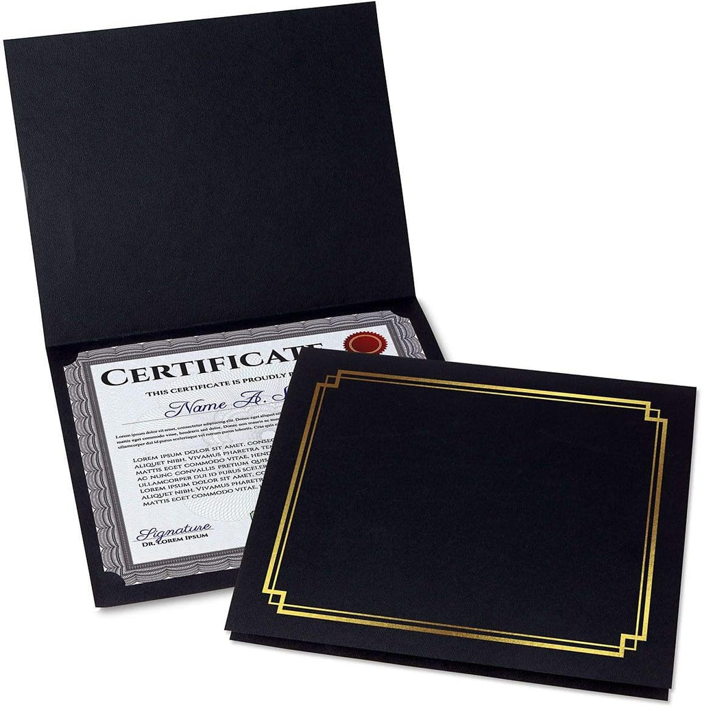 Black & Gold Certificate Holders, Pack of 25, Linen Cover, 9-1/2 x 12 H38215