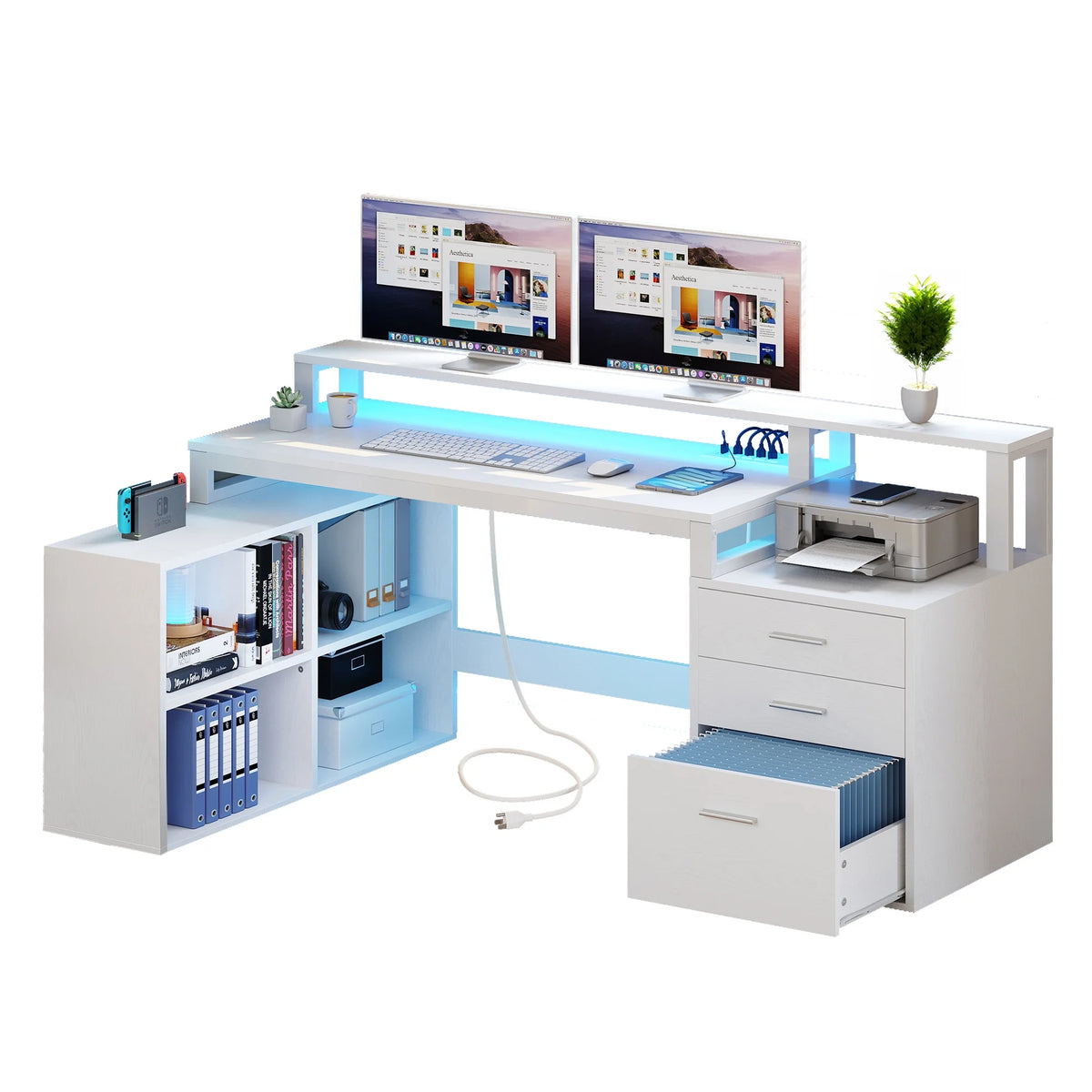 White L Shaped Desk with Power Outlets and Monitor Stand, 3 Drawers, 4 Open Storage Shelves W80917