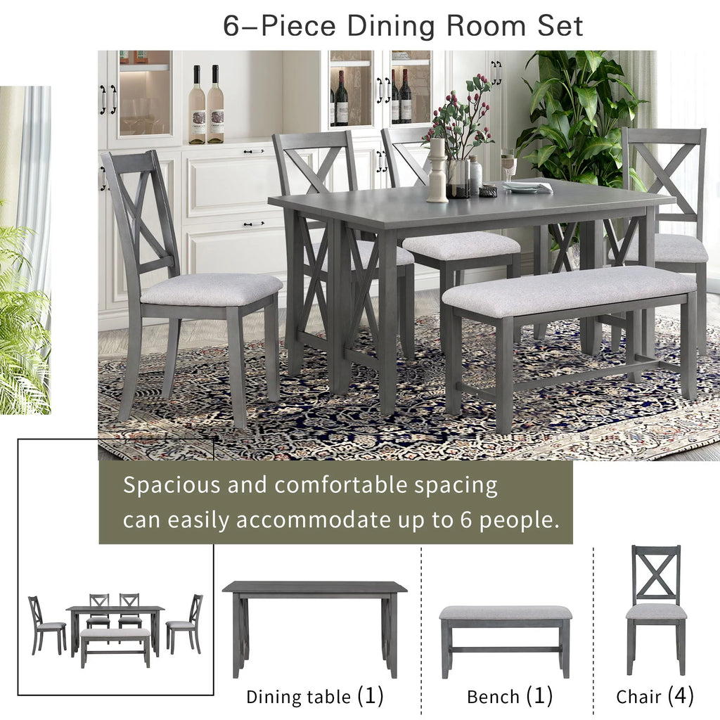 6-Piece Solid Wood Foldable Dining Table and 4 Chairs with Bench U424310