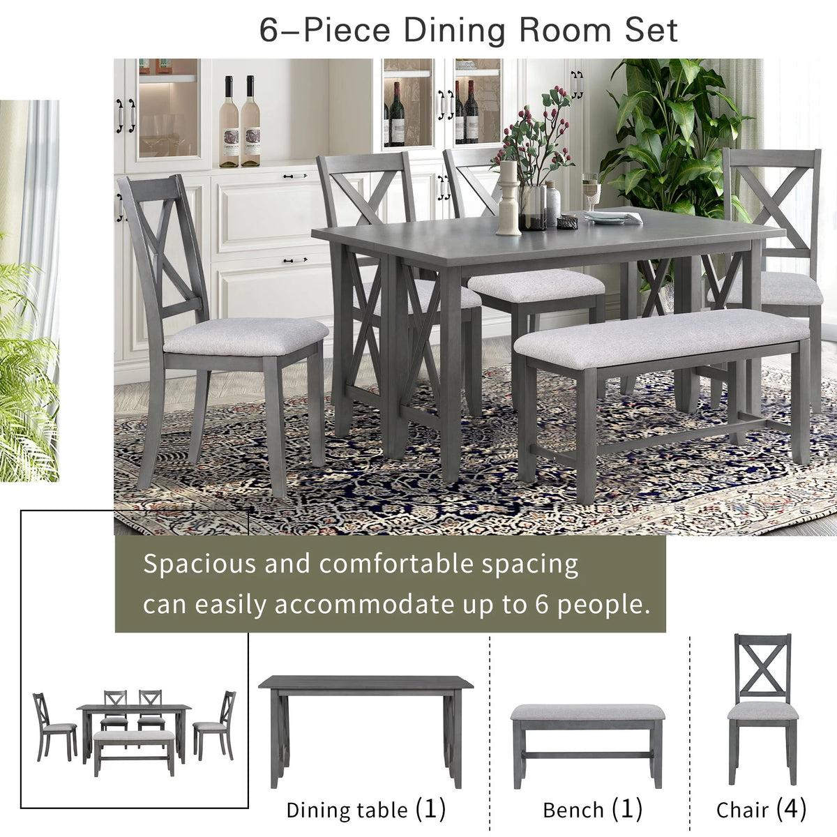 6-Piece Solid Wood Foldable Dining Table and 4 Chairs with Bench U424310