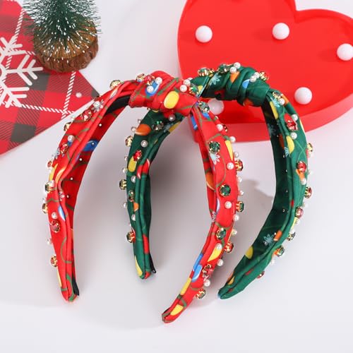 2 Pack Red Green Pearl Rhinestone Crystal Christmas Headband A31857