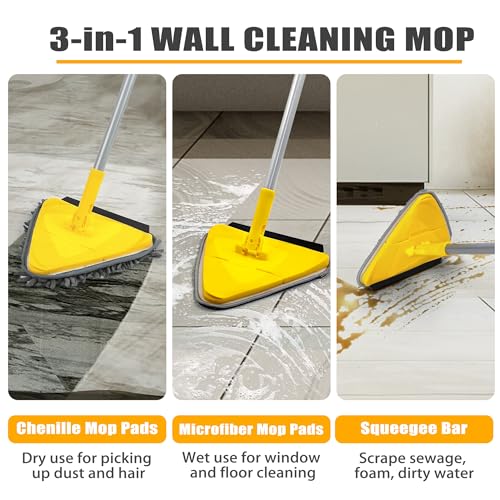 Wall Mop with Long Handle 80 inches Collapsible Baseboard Cleaner with Squeegee 3 Microfiber 3 Chenille Pads I583