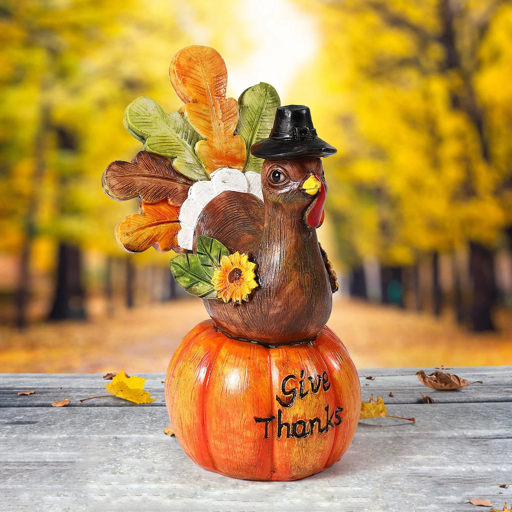 Hand-Painted Turkey Pumpkin Centerpiece Table Decoration with Artificial Maple Leaves Y3302