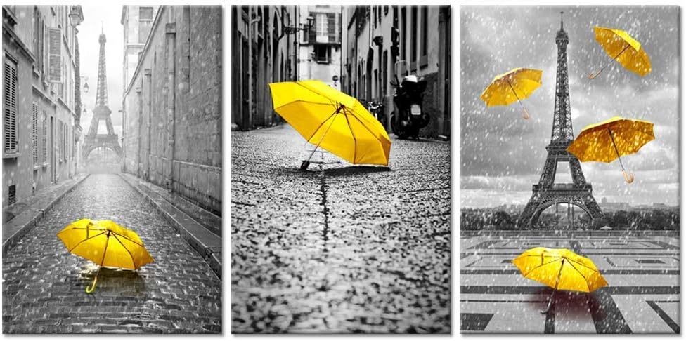 3 Pieces Paris Canvas Prints Black and White Eiffel Tower with Yellow Umbrellas Stretched Gallery Canvas Wrap Giclee Print Ready to Hang T86282