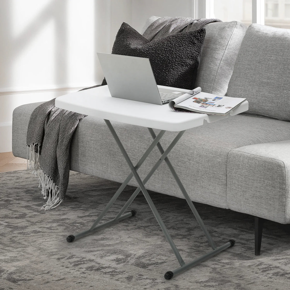 White Foldable TV Tray Table with Metal Frame G916