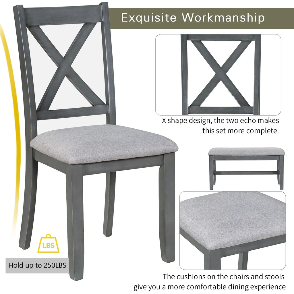 6-Piece Solid Wood Foldable Dining Table and 4 Chairs with Bench U424310