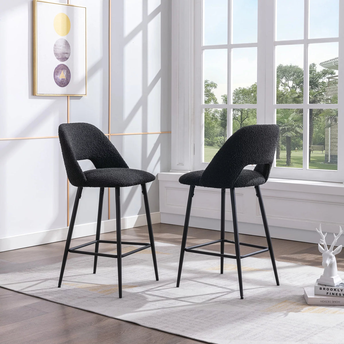 Boucle Fabric Barstools Set of 2 with Black Metal Legs Z613444