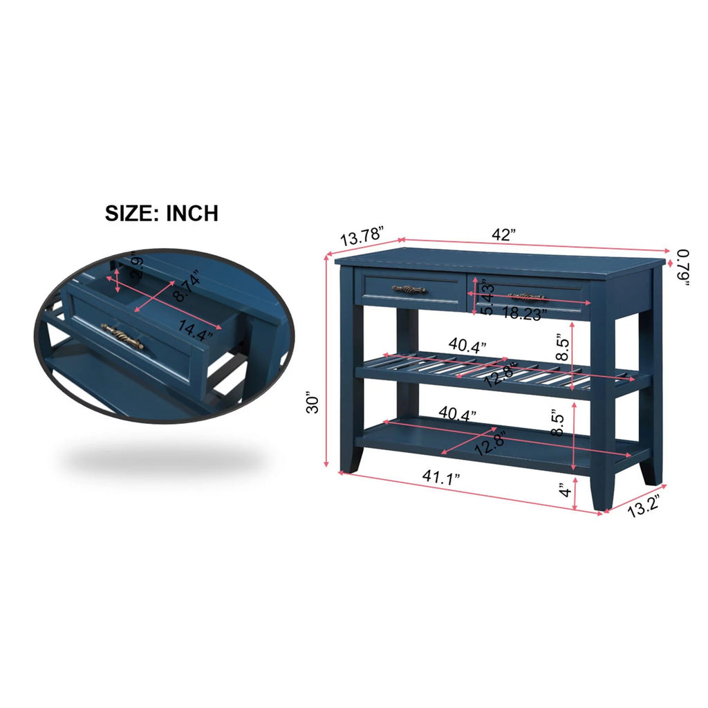 Navy Blue 42'' Solid Wood Console Sofa Table with 2 Drawers and 2 Shelves A414