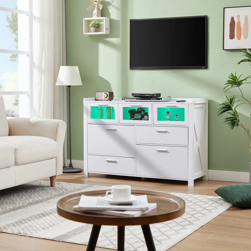3-Piece Bedroom Set with 7 Drawers LED Dresser and 2 Nightstands, White Q447509