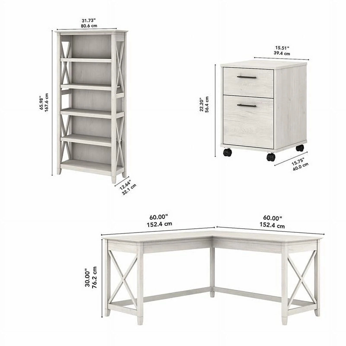 White L Shaped Desk with Drawers & Bookcase K11154