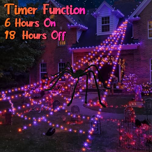 Halloween Spider Web Lights with 59" Spider and Stretch Cobweb M5202