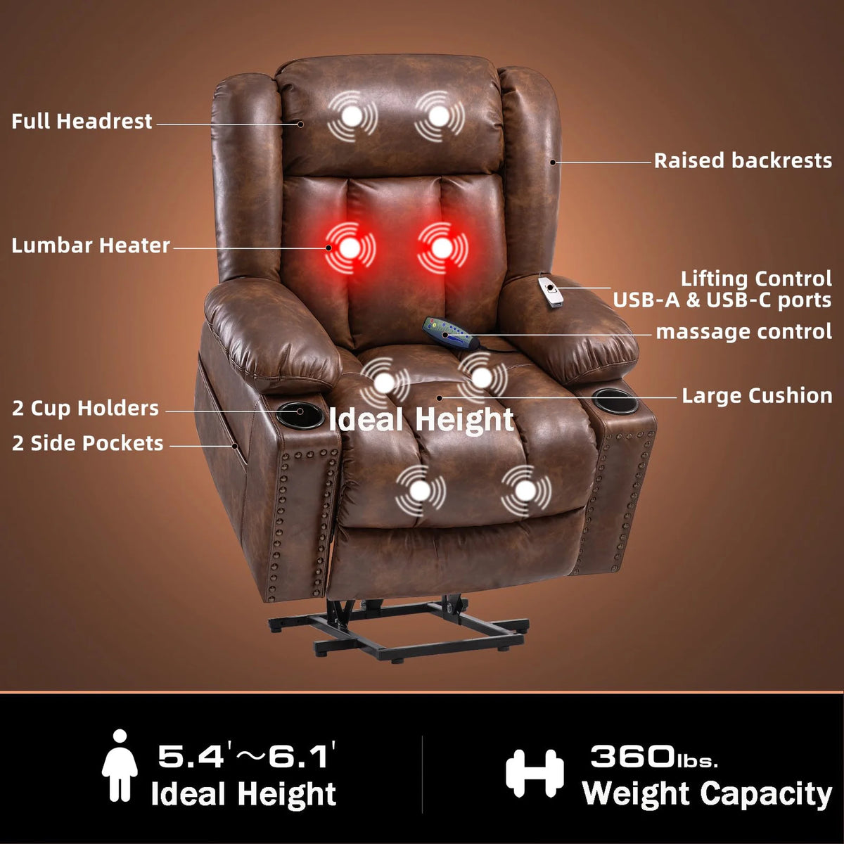Brown Wide Breathable Leather Power Lift Recliner with Massage and Heat U943362