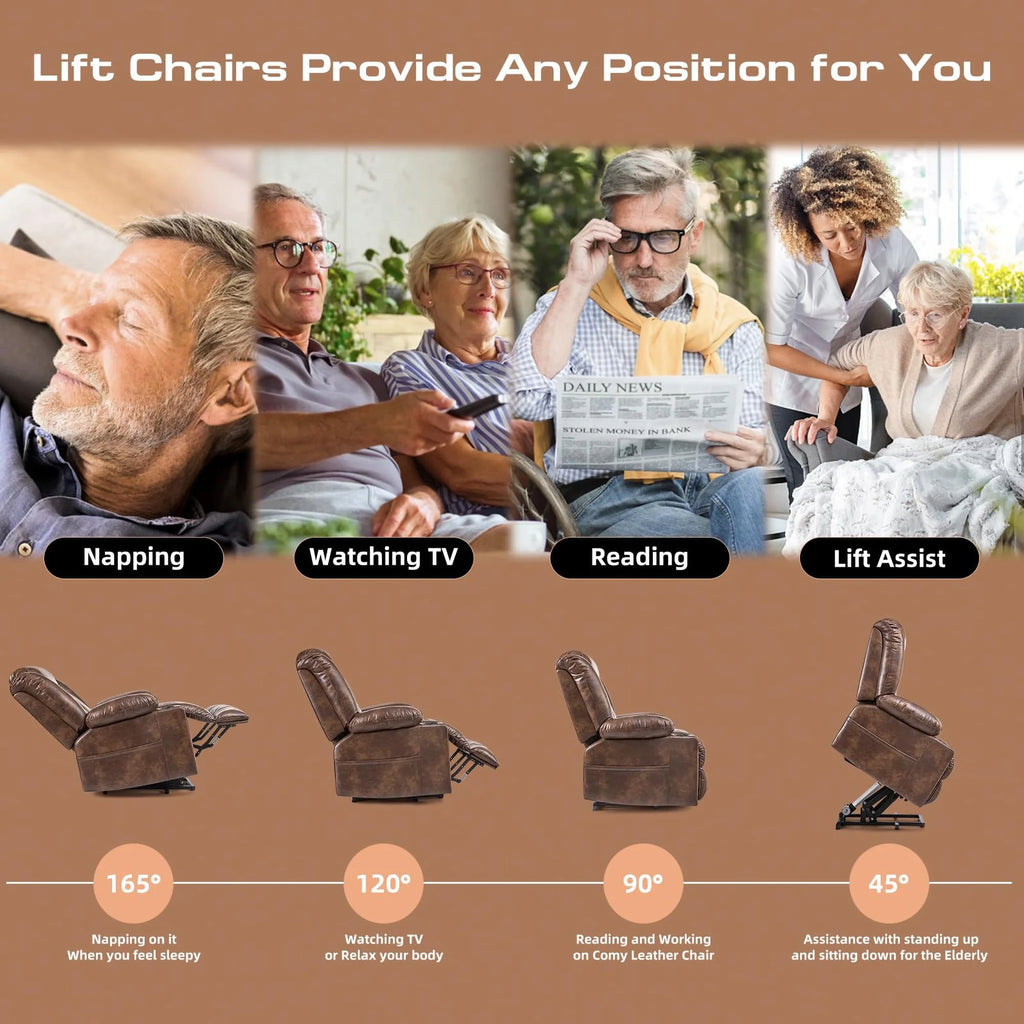 Brown Wide Breathable Leather Power Lift Recliner with Massage and Heat U943362