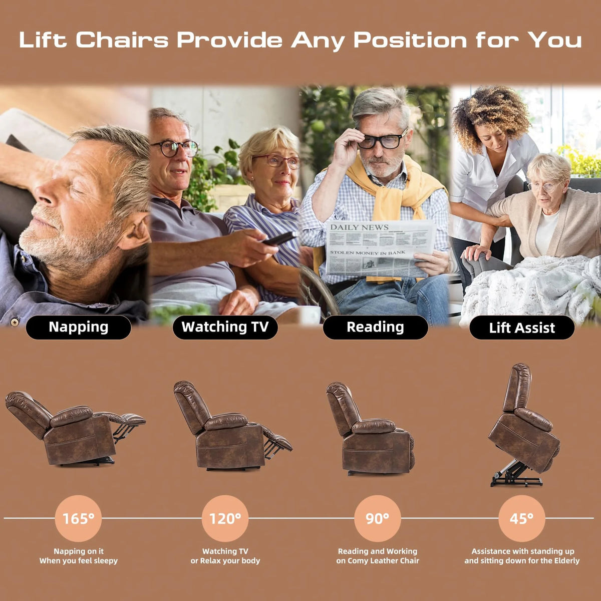 Brown Wide Breathable Leather Power Lift Recliner with Massage and Heat U943362