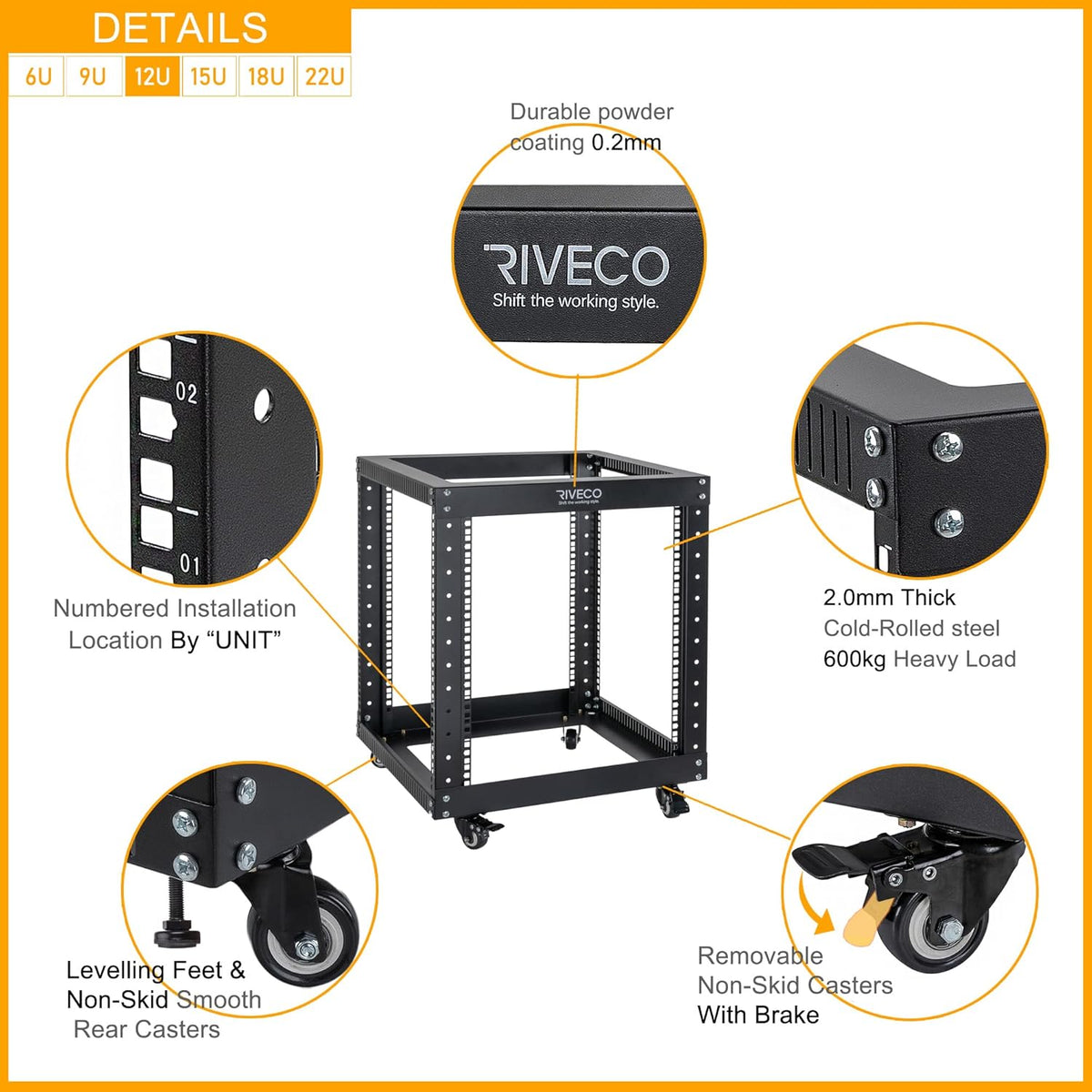 12U Open Frame Server Rack with Casters L117453