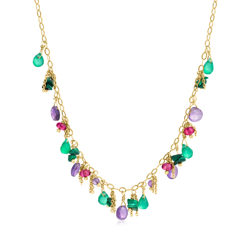 Multi-Gemstone Bead Drop Necklace in 24kt Gold Over Sterling X611