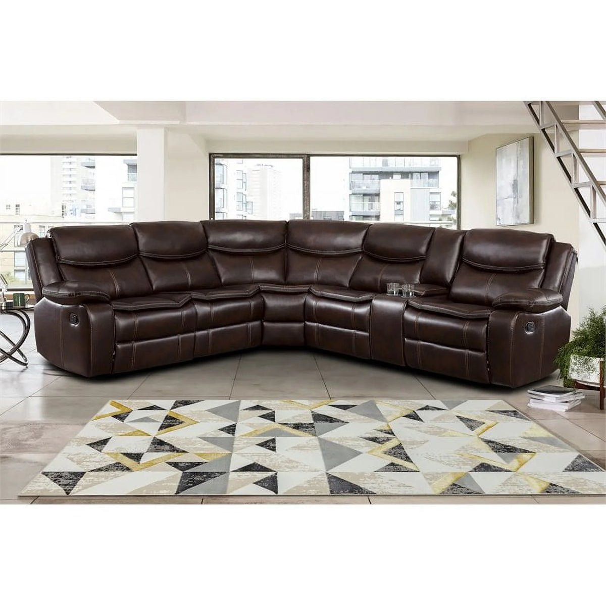 Brown 3-Piece Wood & Faux Leather Sectional Set N94940