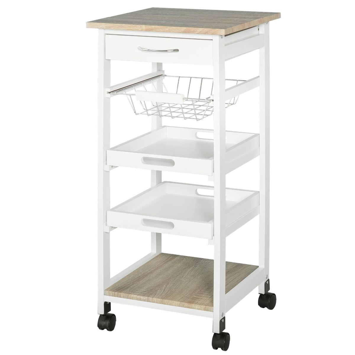 White Mobile Rolling Kitchen Island Trolley Serving Cart with Drawer and Wire Storage Basket P4691