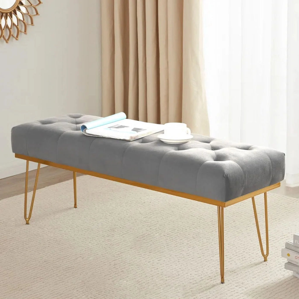 Gray and Golden Velvet Ottoman with Metal Base X68989