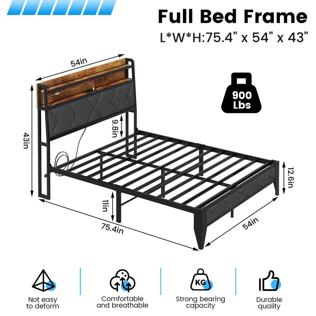 Twin Size Metal Bed Frame with Storage Headboard S4674