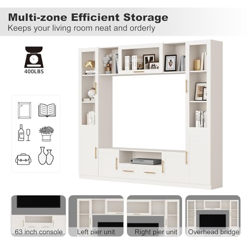 White 4-Piece Large TV Stand Wall Unit with Bookshelves E754862