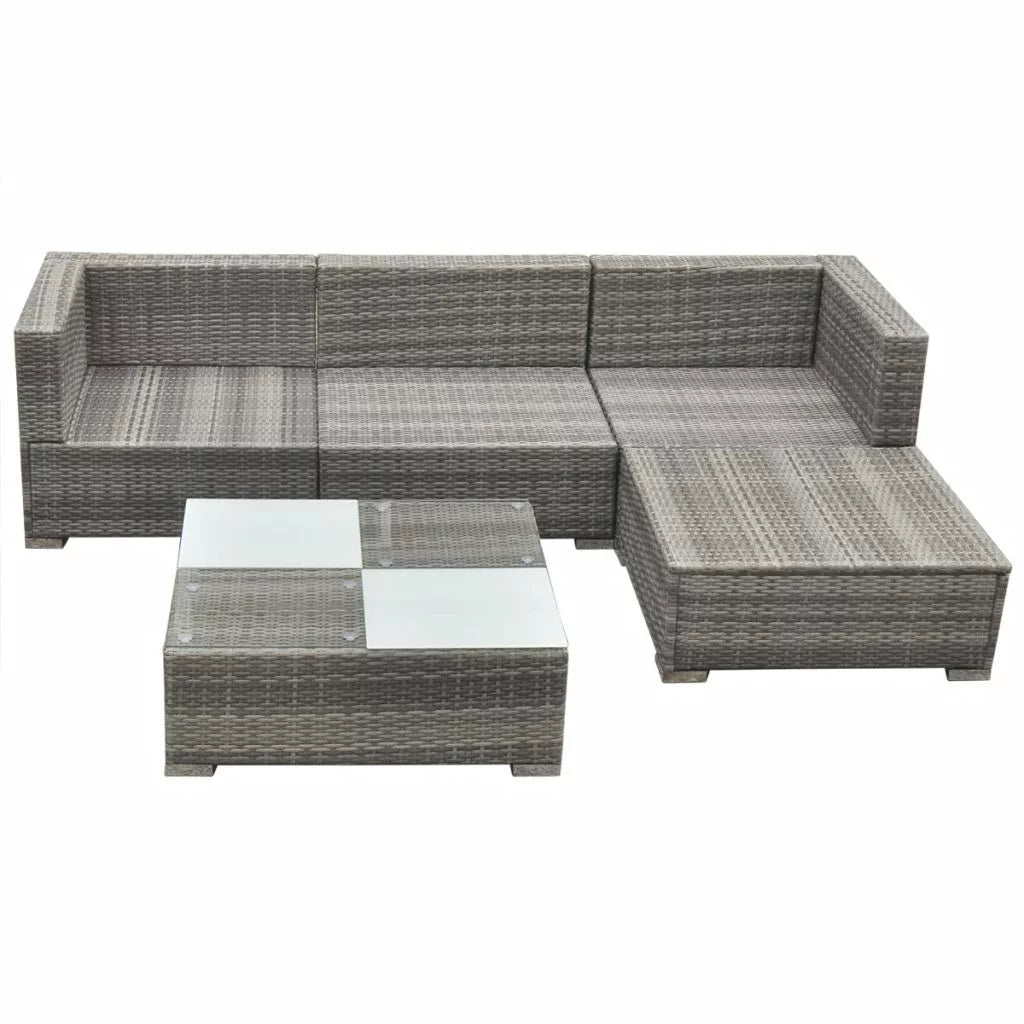 5 Piece Cushioned Sofa and Corner Sofas with Footrest Tea Table Gray Poly Rattan Outdoor Furniture Set U743371