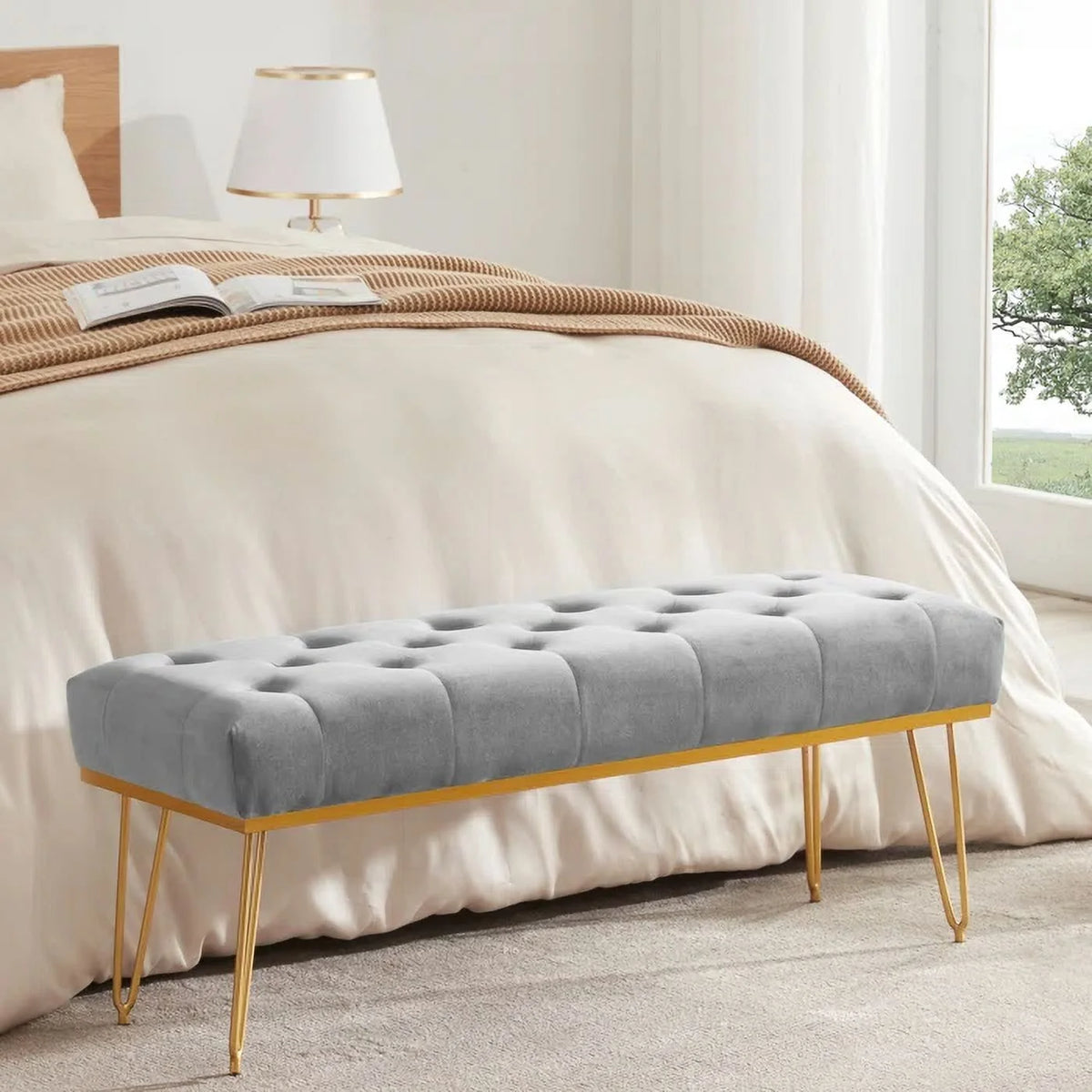 Gray and Golden Velvet Ottoman with Metal Base X68989