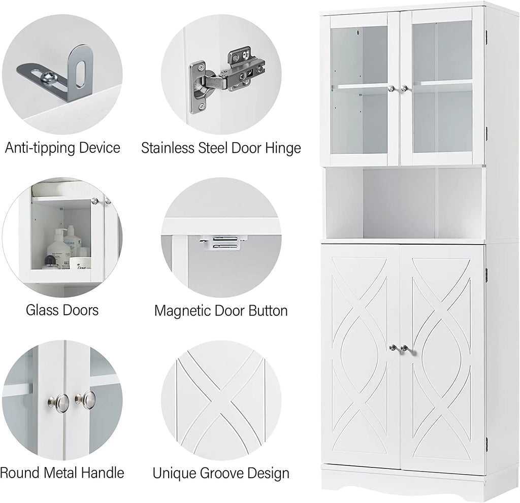 White Bathroom Storage Cabinet with Glass Doors and Adjustable Shelves Z169