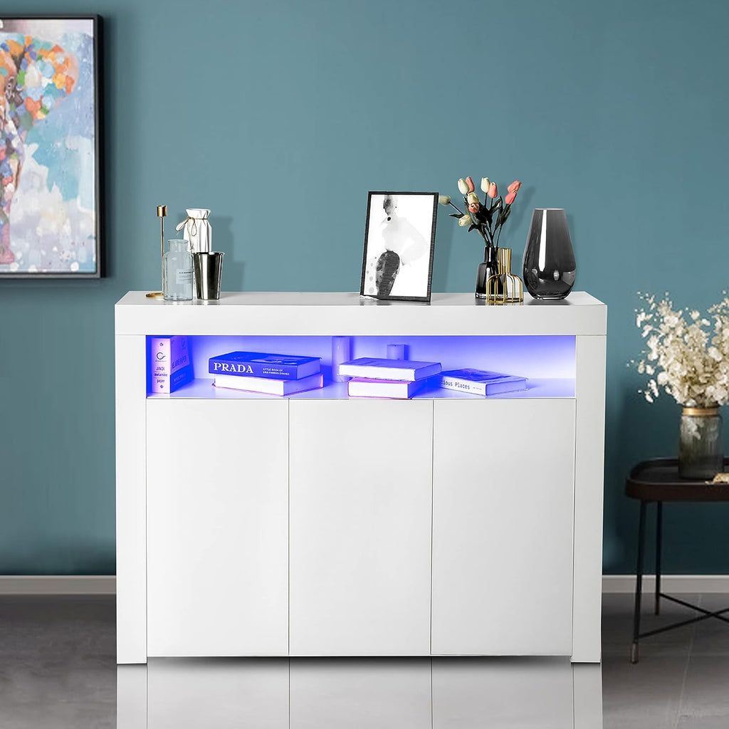 White 3 Door Sideboard Buffet Storage Cabinet with LED Light C252