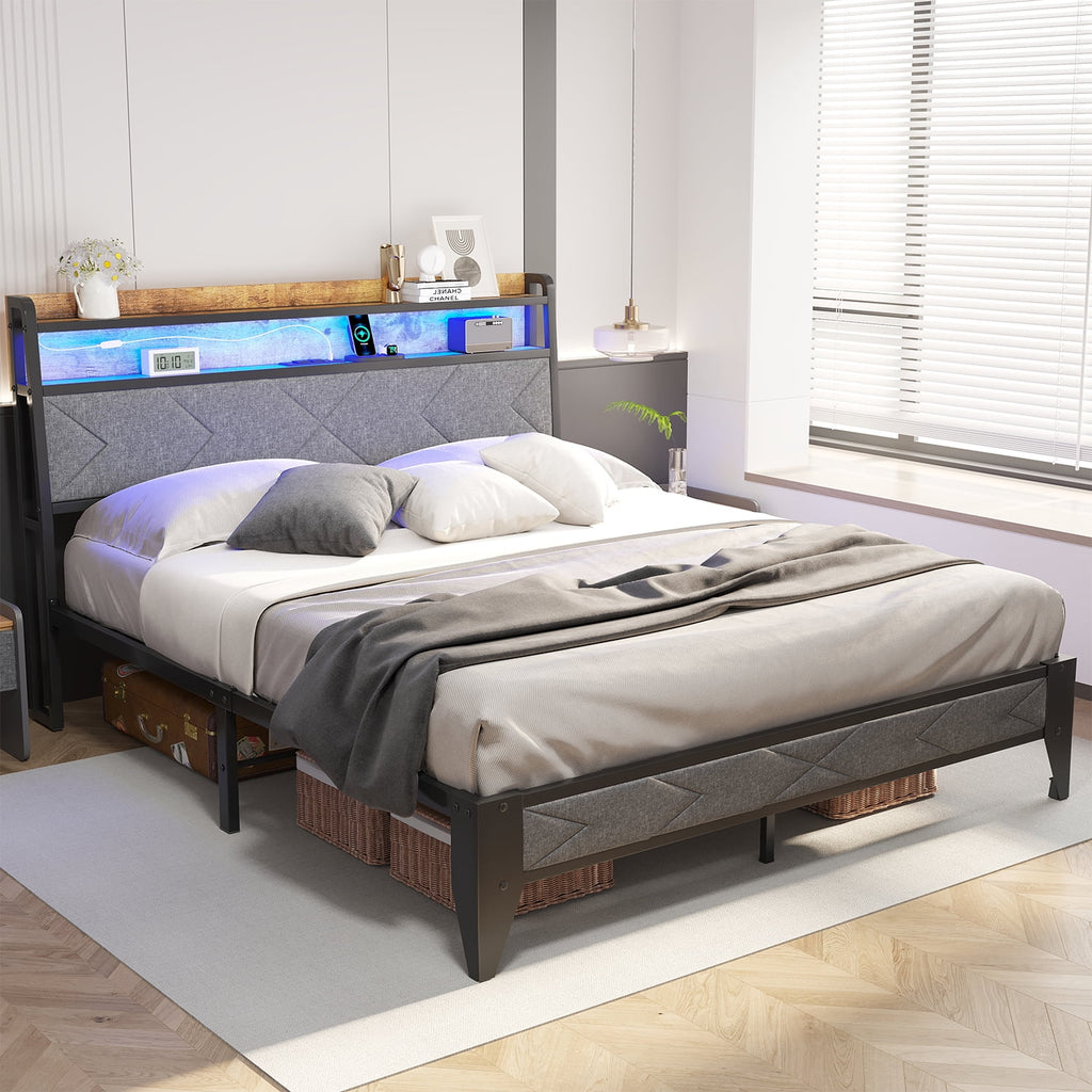 Twin Size Metal Bed Frame with Storage Headboard S4674