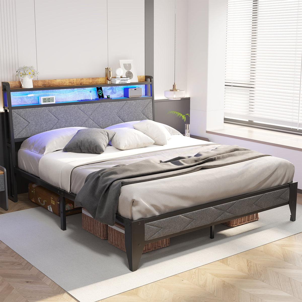 Twin Size Metal Bed Frame with Storage Headboard S4674