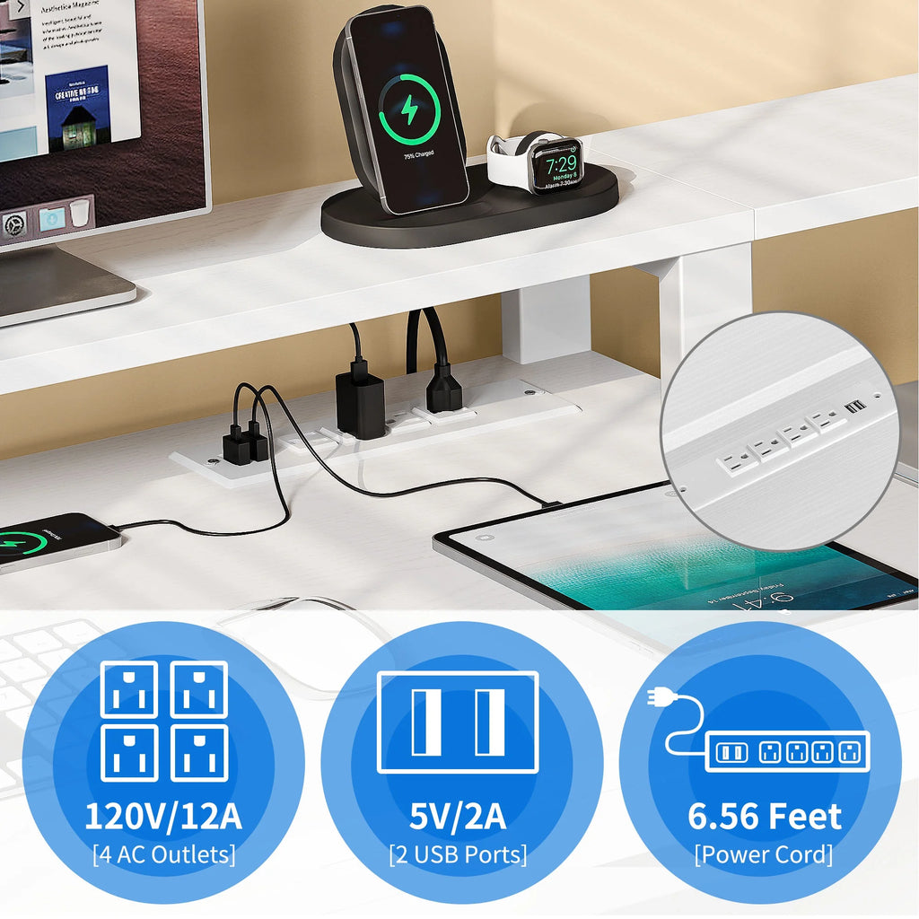 White L Shaped Desk with Power Outlets and Monitor Stand, 3 Drawers, 4 Open Storage Shelves W80917