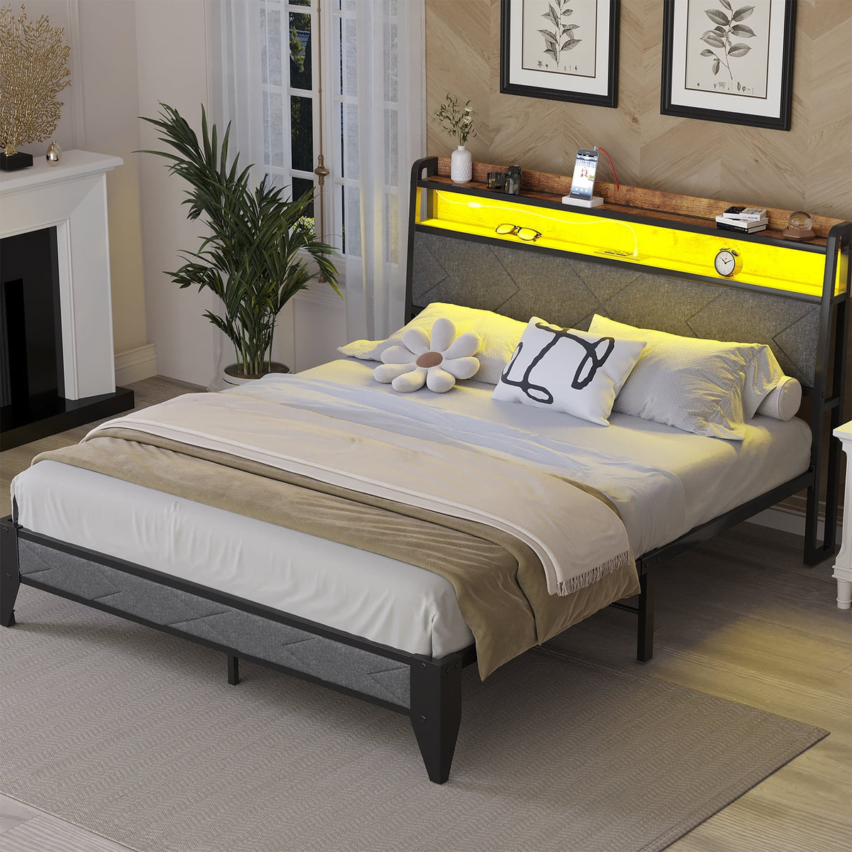 Twin Size Metal Bed Frame with Storage Headboard S4674