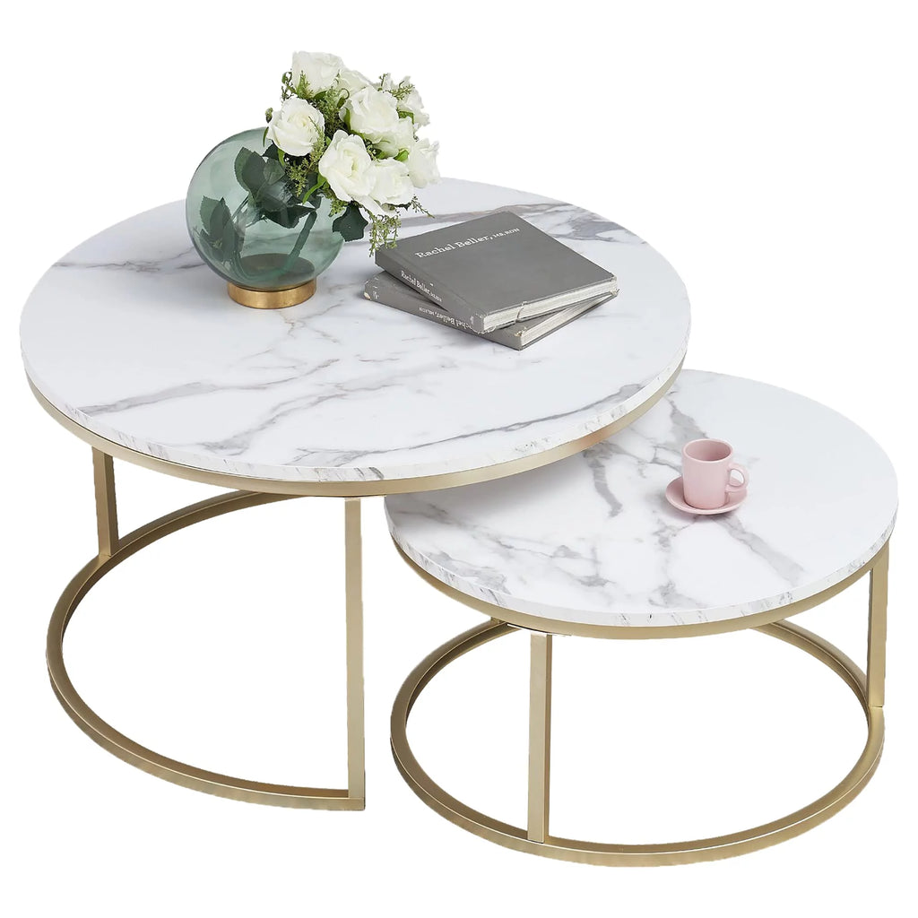 Round Nesting Coffee Tables Set of 2 Marble Black Metal A781399