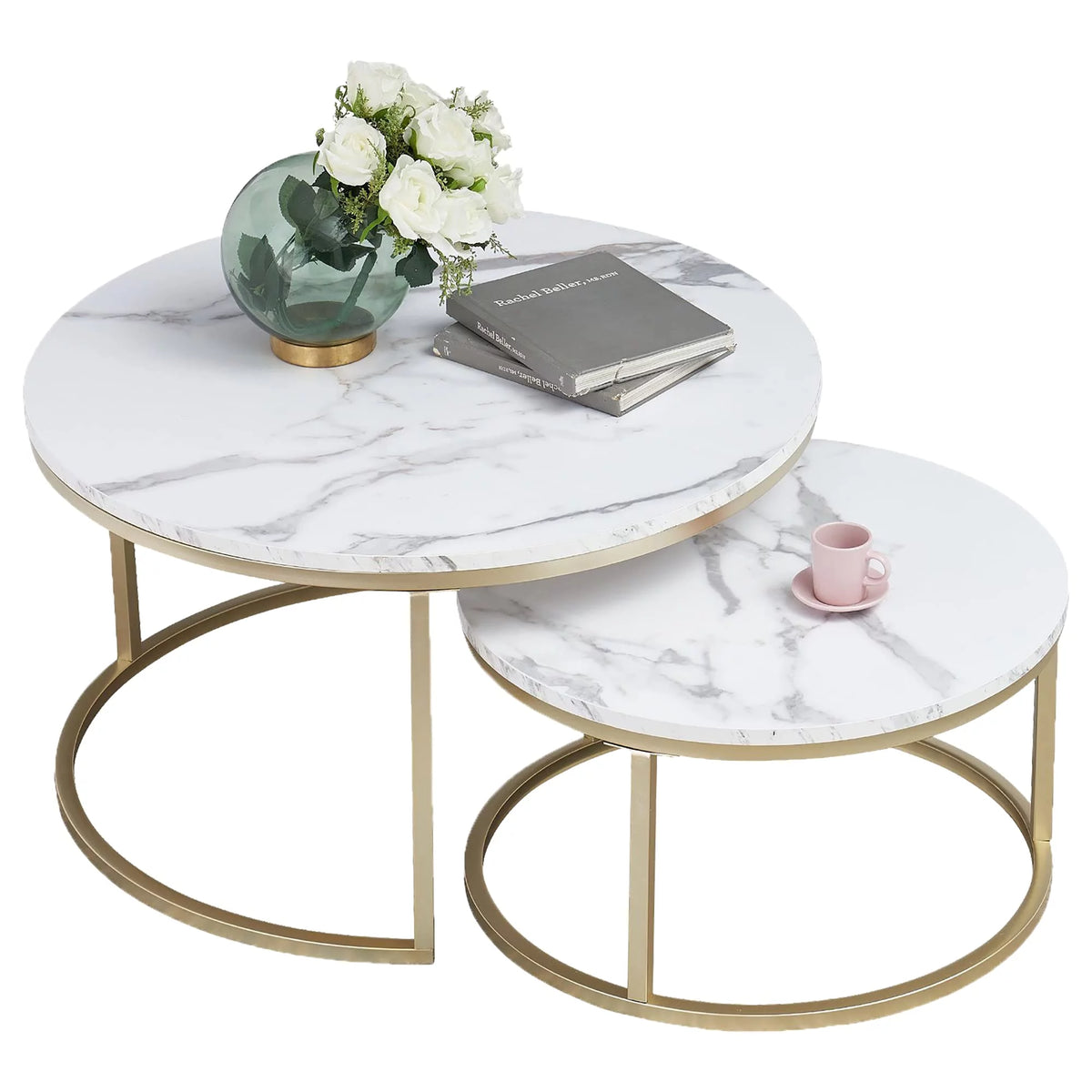 Round Nesting Coffee Tables Set of 2 Marble Black Metal A781399