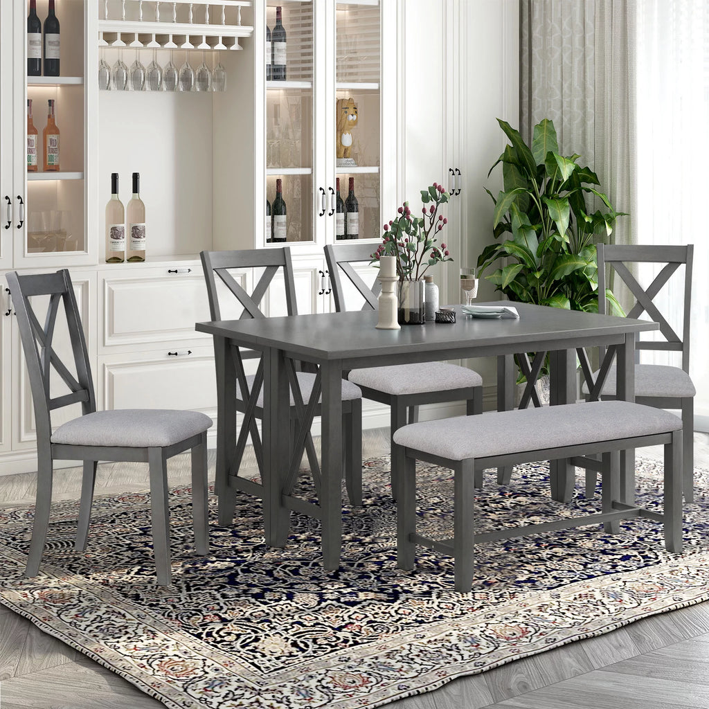 6-Piece Solid Wood Foldable Dining Table and 4 Chairs with Bench U424310