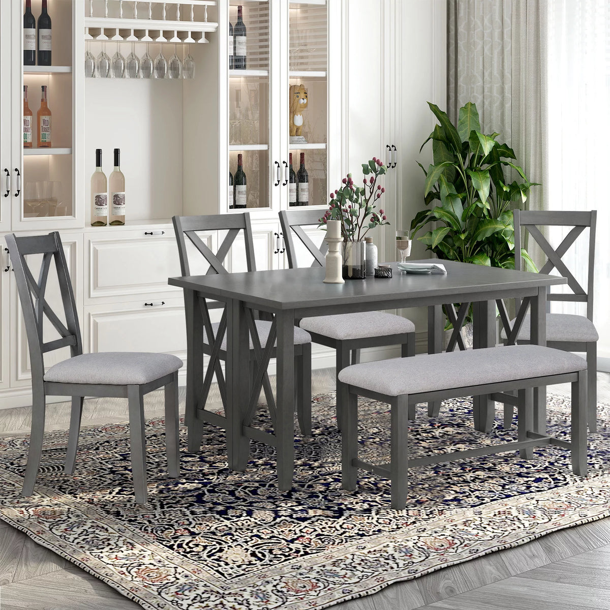 6-Piece Solid Wood Foldable Dining Table and 4 Chairs with Bench U424310