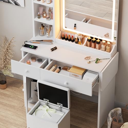 White Vanity Desk with Mirror and Lights A69407