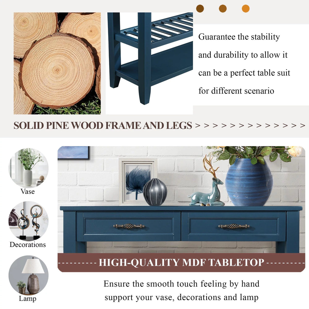 Navy Blue 42'' Solid Wood Console Sofa Table with 2 Drawers and 2 Shelves A414