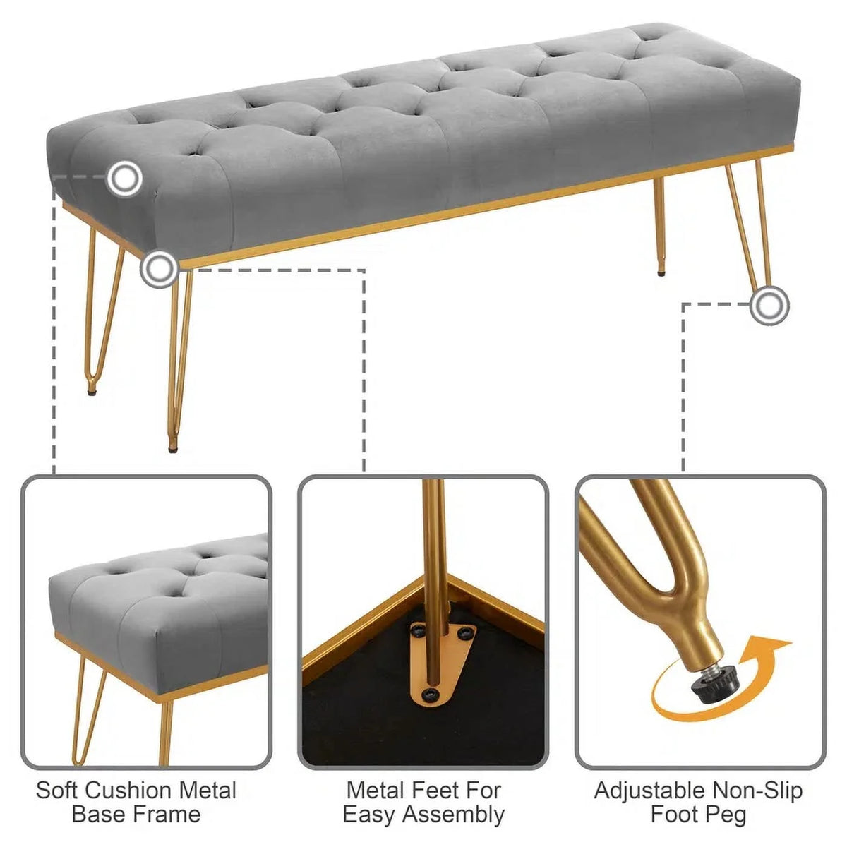Gray and Golden Velvet Ottoman with Metal Base X68989