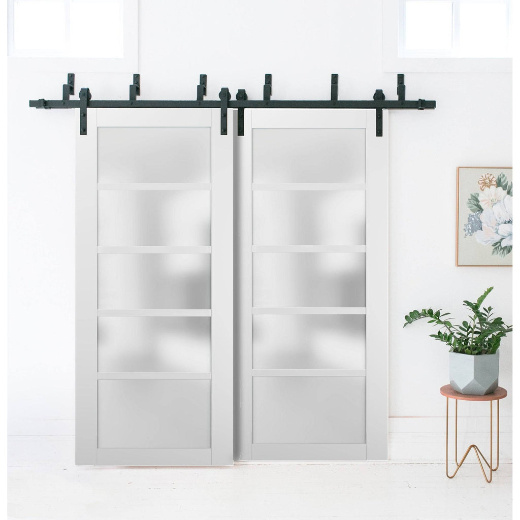 84 in. x 96 in. 3/4 Lite Frosted Glass Matte White Solid Wood Sliding Barn Door with Hardware Kit F7577