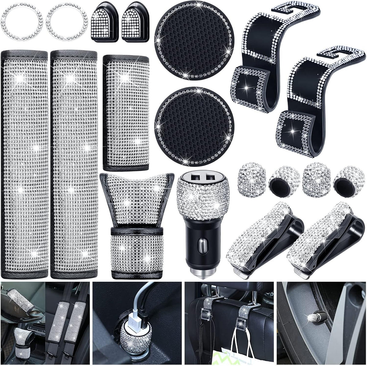 19 Pcs Bling Car Accessories Set (White) C916