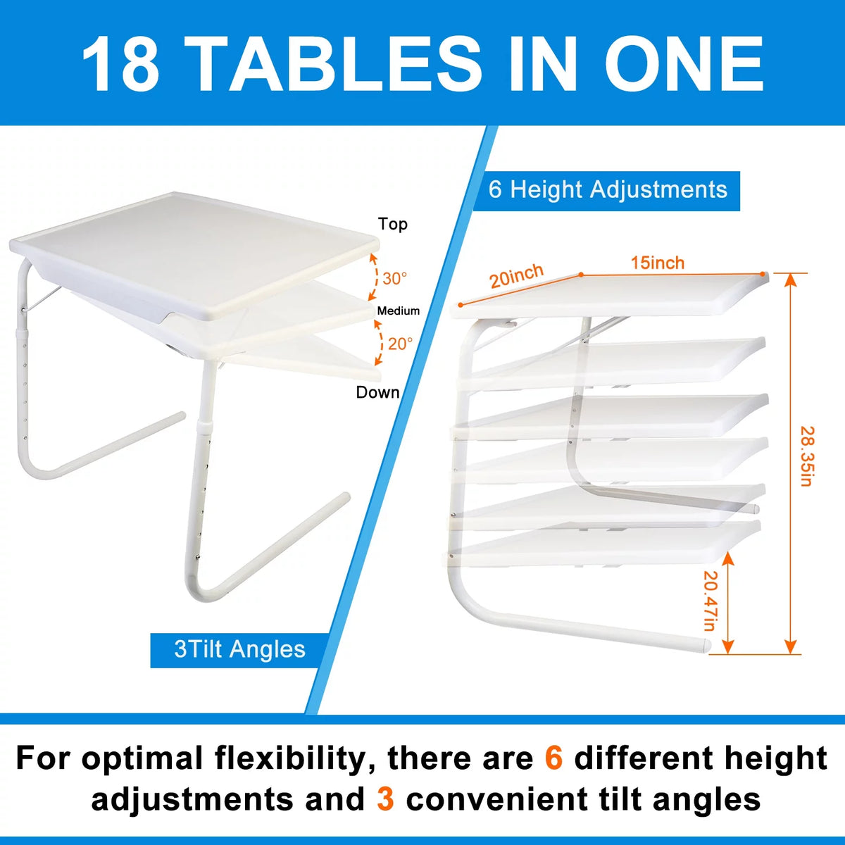 White Folding Snack TV Tray Table, Adjustable Height & Angle Tray, 20" x 15" I191
