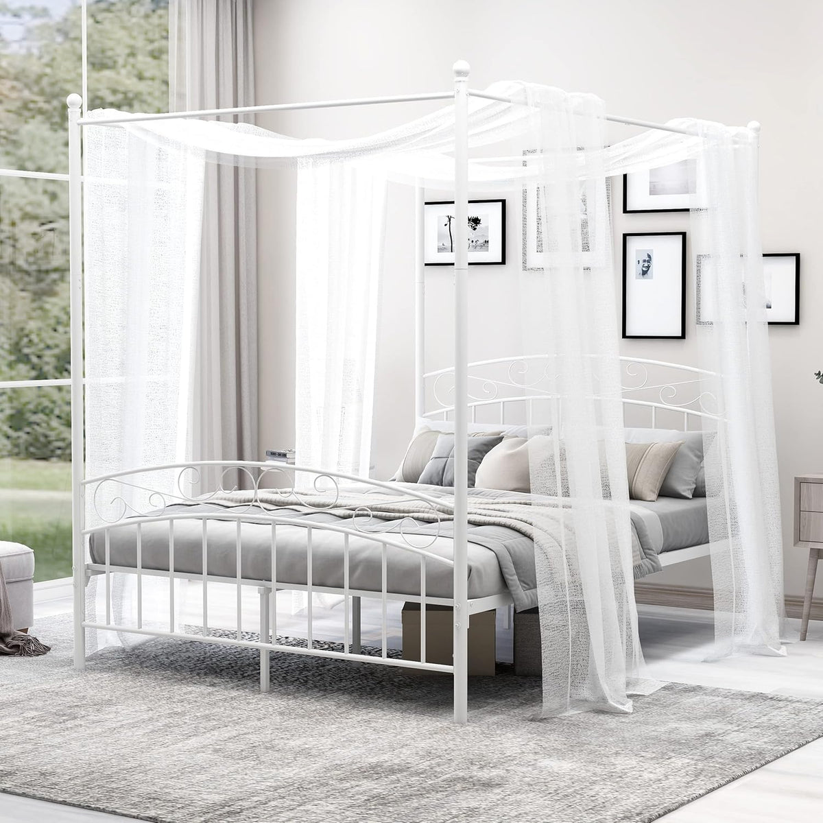 White Queen Size Metal Canopy Bed Frame with Headboard and Footboard P10038